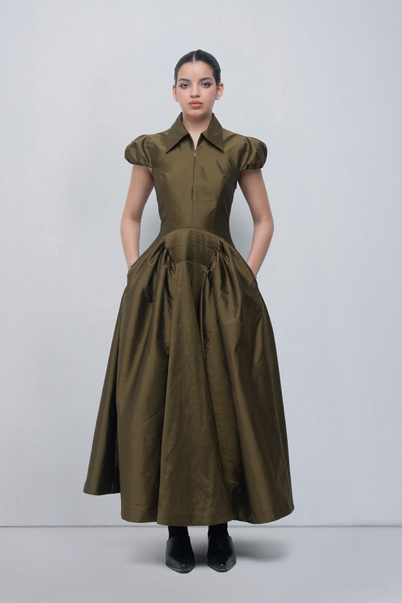 Romee Dress viscose by Leh Studios in olive for women in Singapore