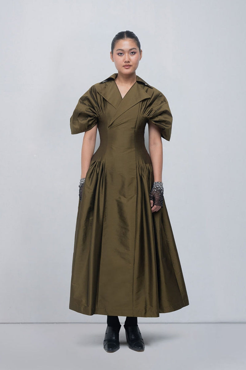 Reina Dress viscose by Leh Studios in olive for women in Singapore