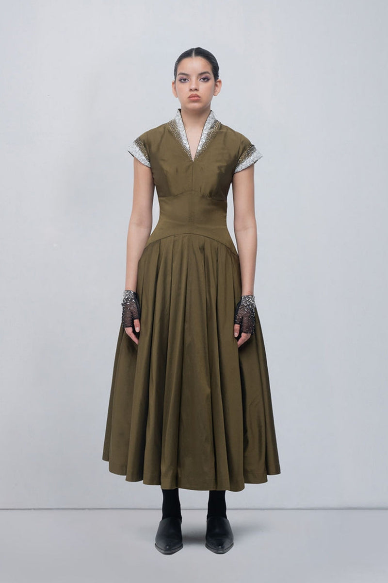 Margarite Dress-Olive viscose by Leh Studios in olive for women in Singapore