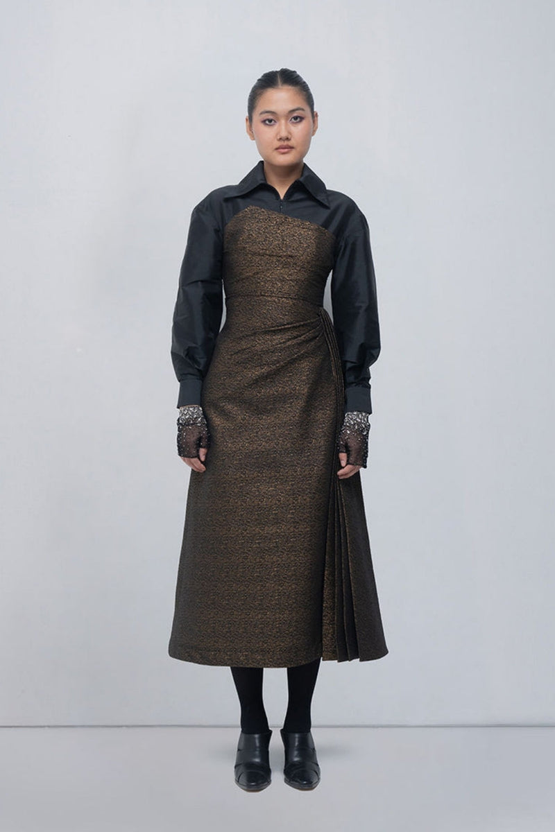 Maey Draped Dress viscose by Leh Studios in gold, black for women in Singapore