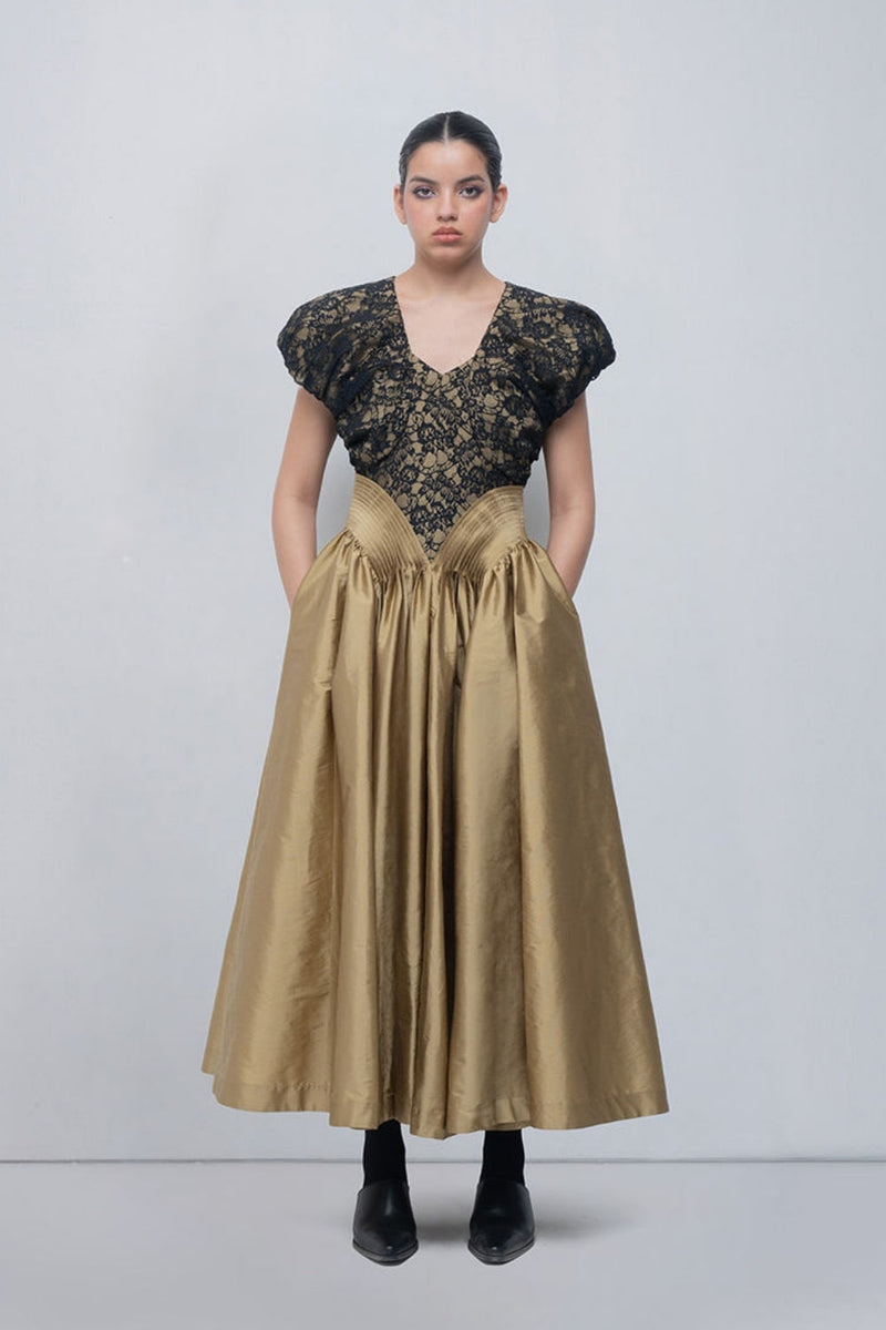 Lilith Dress viscose by Leh Studios in golden, black for women in Singapore