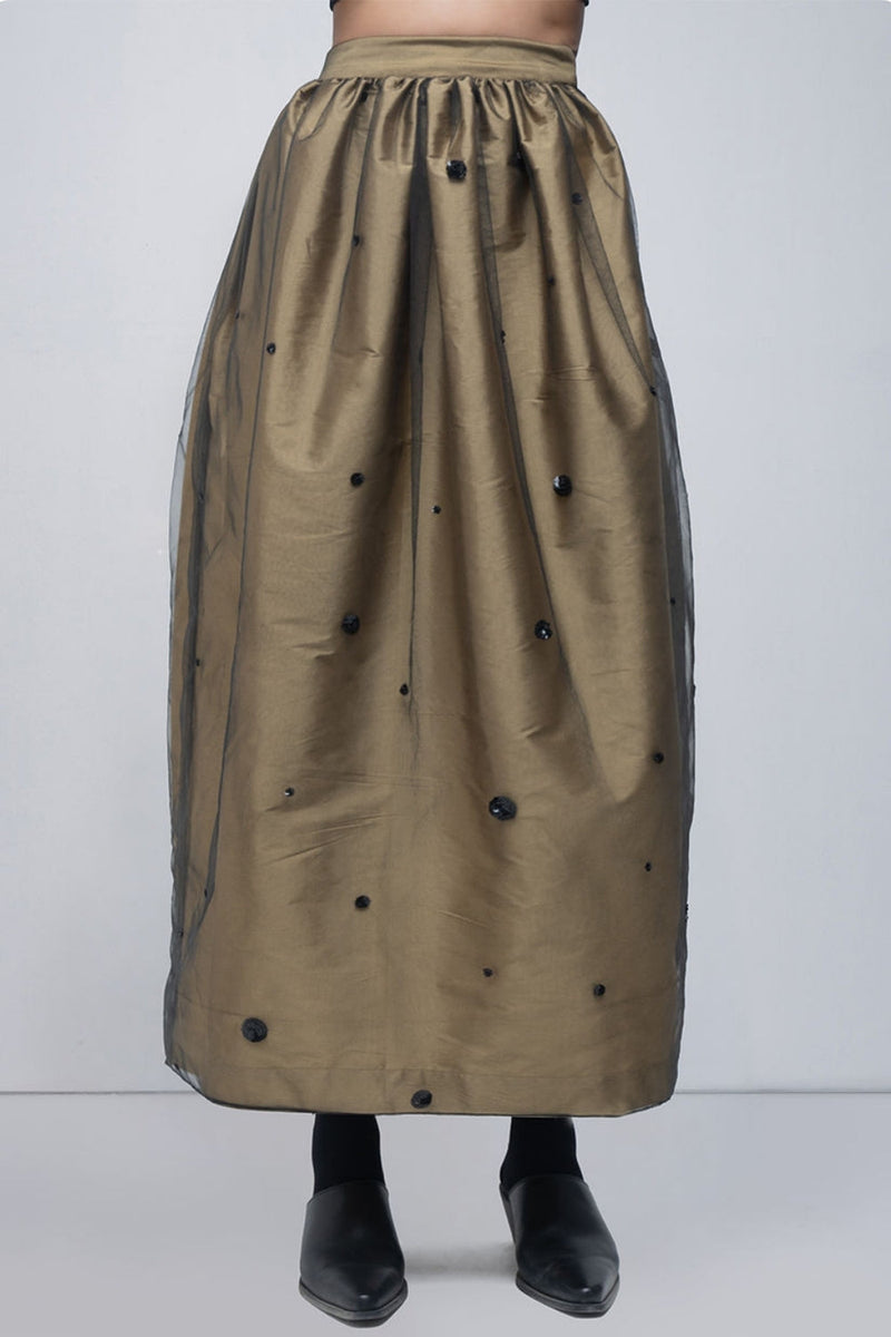 Lacy Skirt viscose skirt by Leh Studios in golden, black for women in Singapore