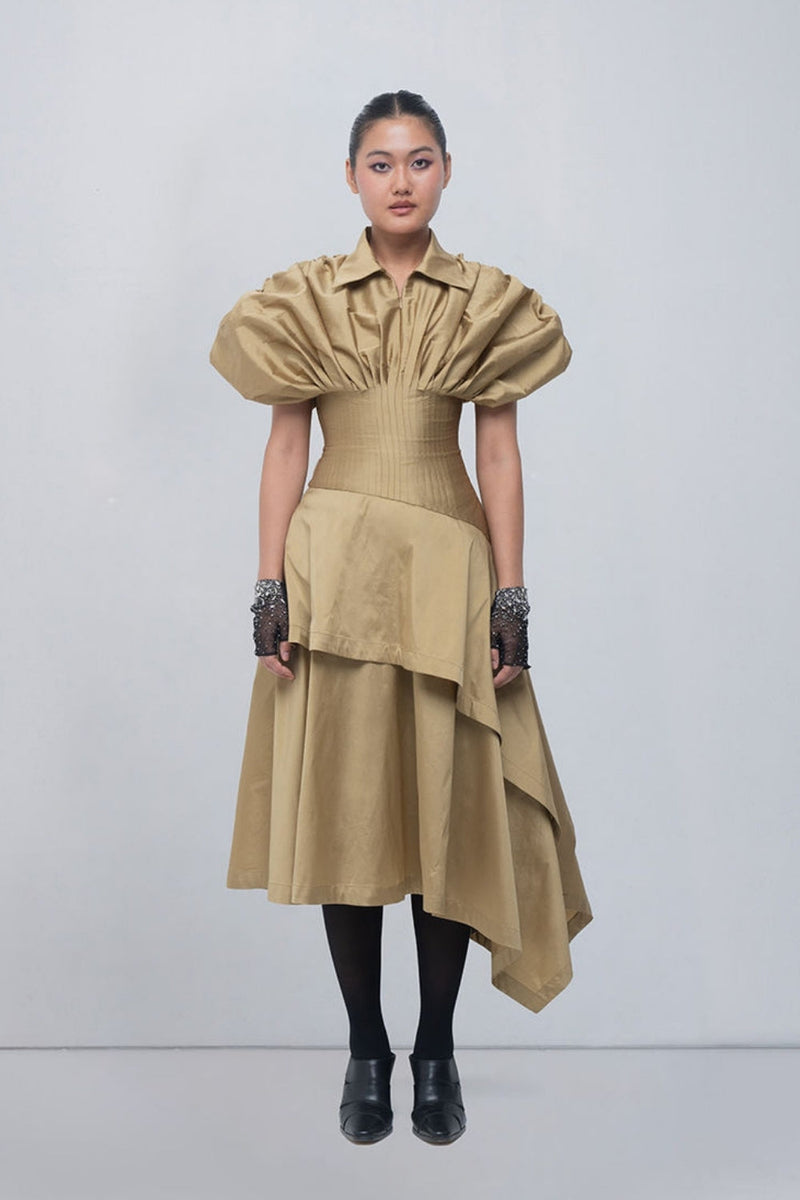 Kanon Dress viscose by Leh Studios in golden for women in Singapore