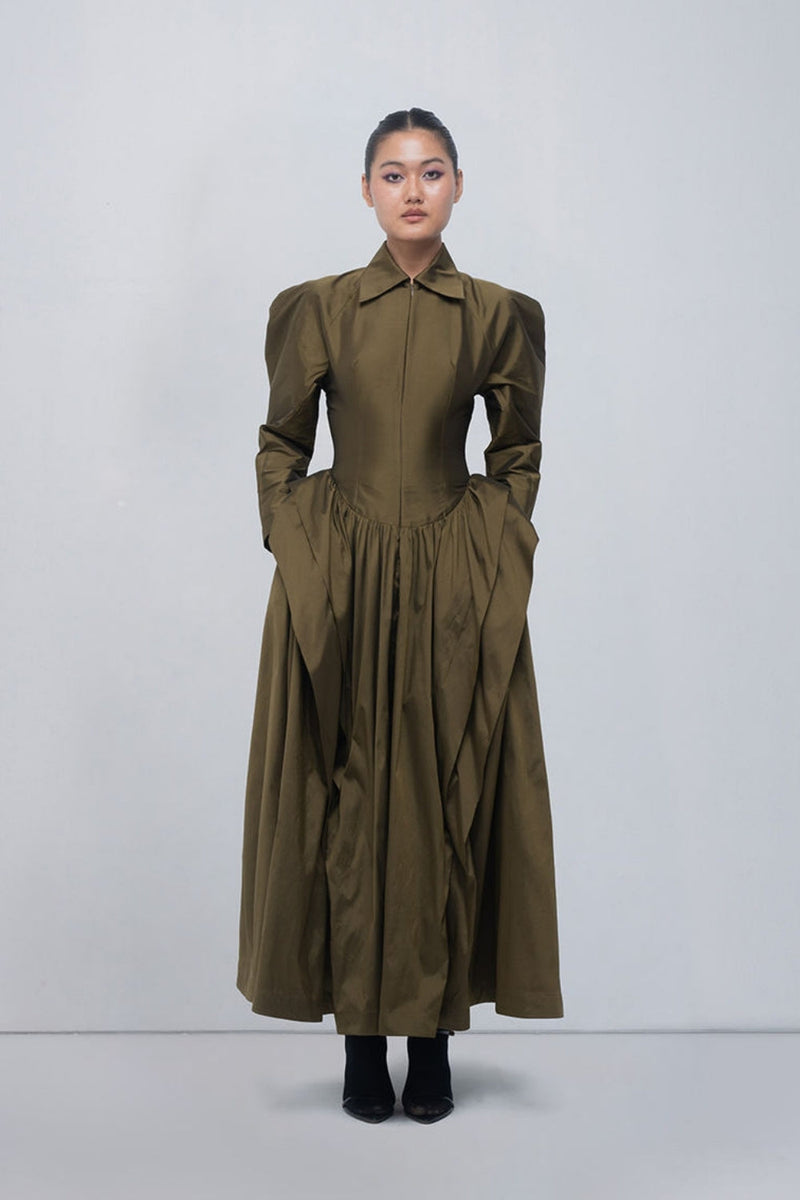 Ece Dress viscose by Leh Studios in olive for women in Singapore