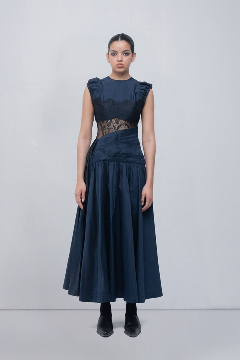 Anais Draped Dress viscose by Leh Studios in blue, black for women in Singapore