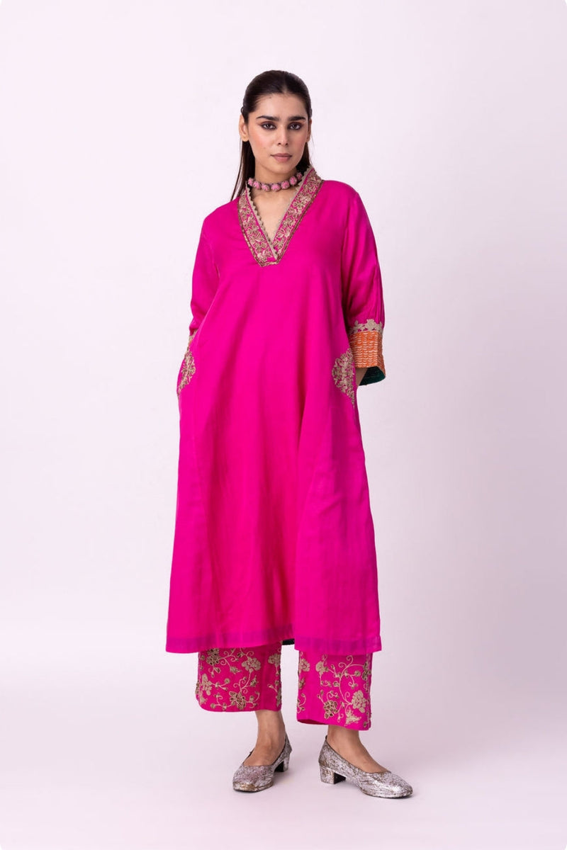 Dogri Kurta silk cotton satin kurta/kurta set by Shades of India in pink for women in Singapore