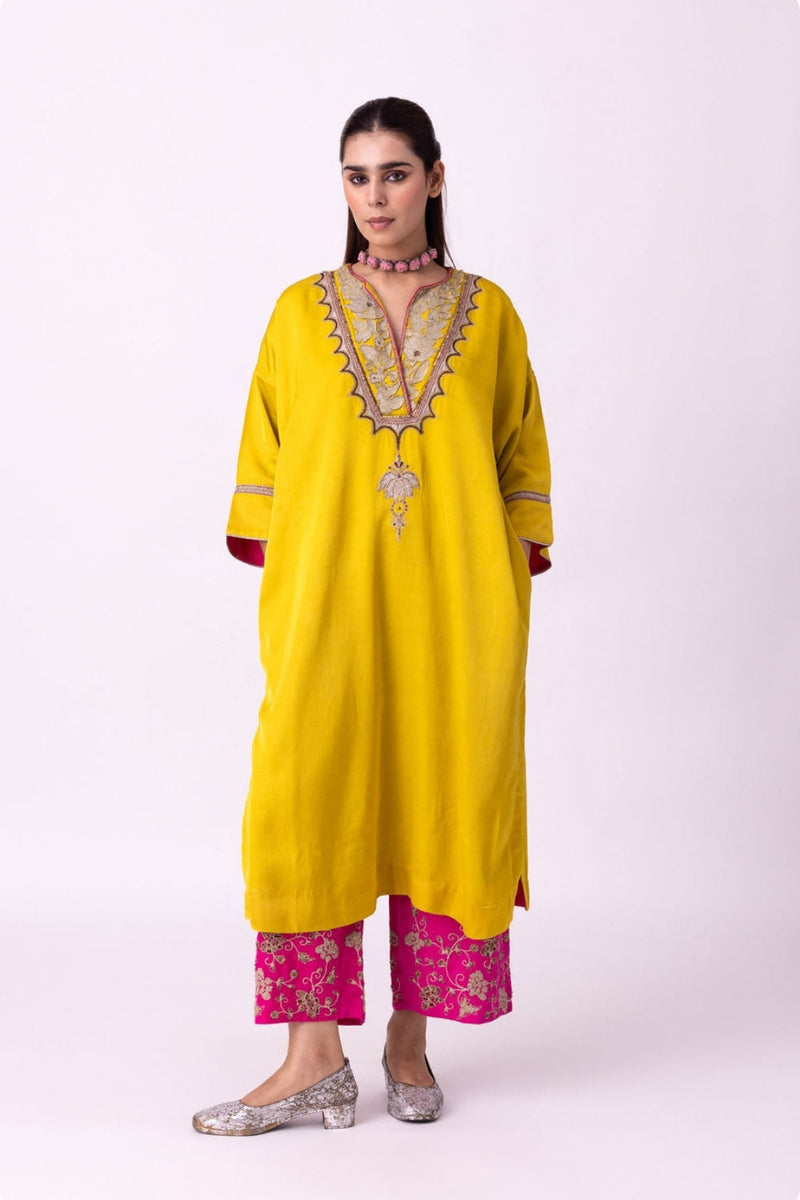 Sadri Kaftan linen blend indo-western by Shades of India in yellow for women in Singapore