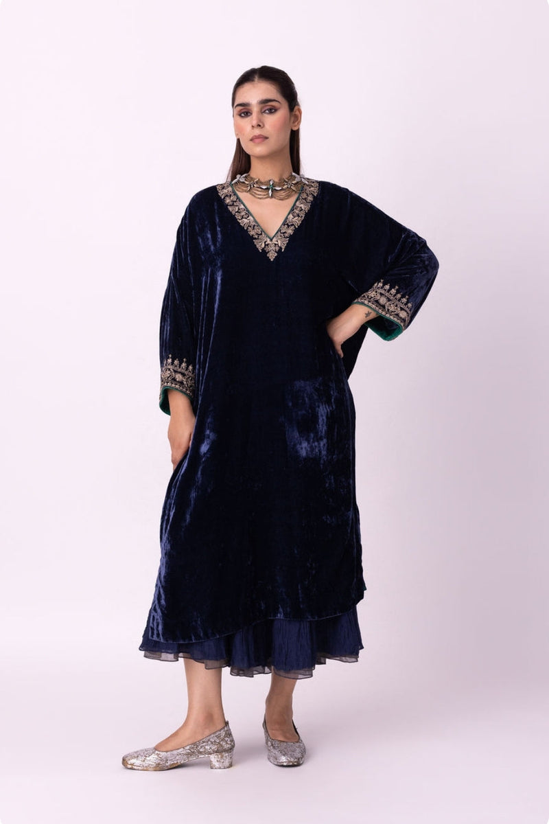Nawaz Kaftan silk velvet indo-western by Shades of India in blue for women in Singapore