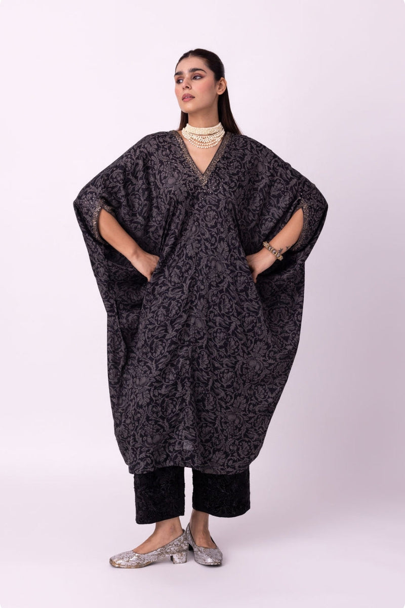 Badla Kaftan silk cotton satin kurta/kurta set by Shades of India in black/charcoal for women in Singapore