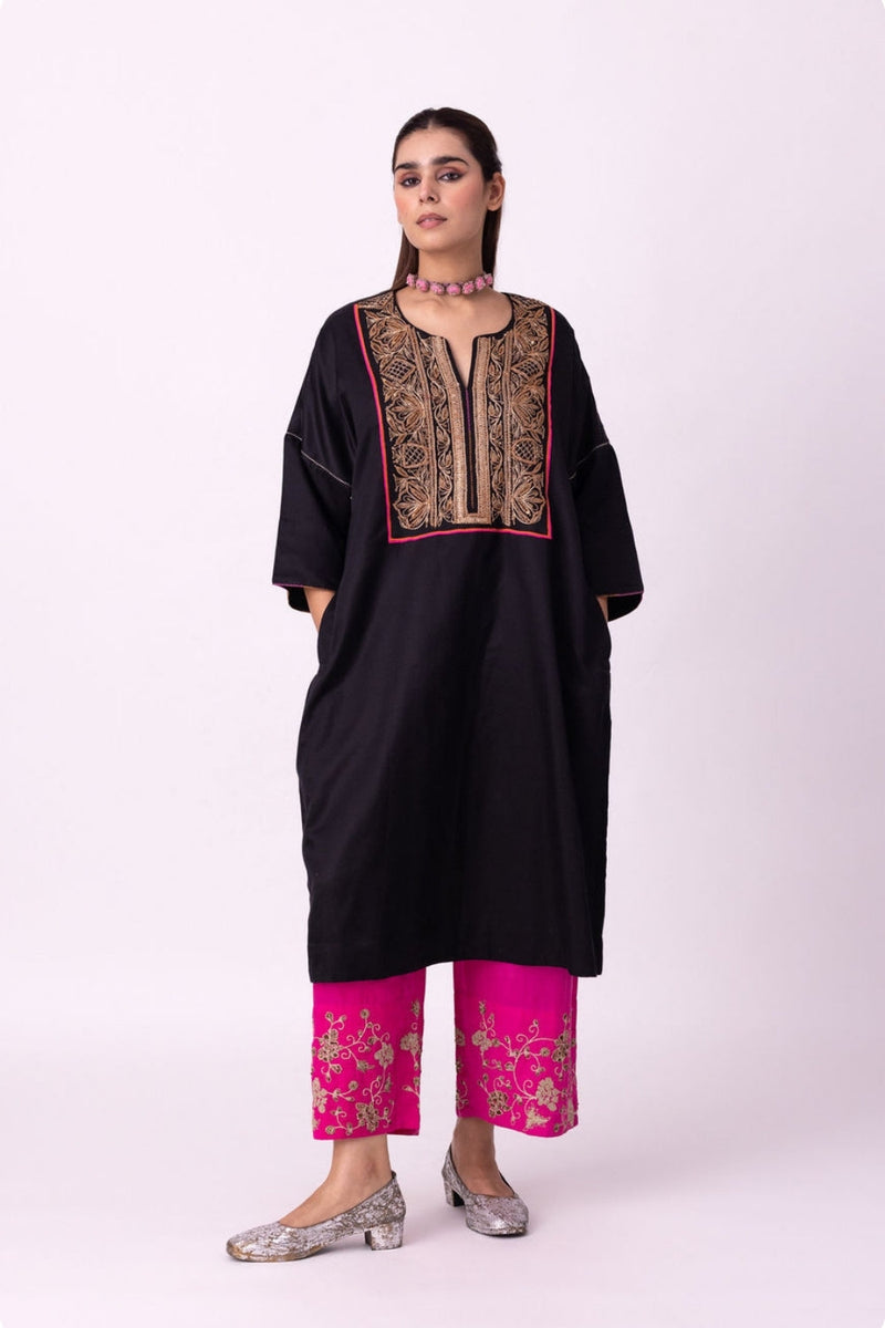 Badaam Kaftan silk cotton satin kurta/kurta set by Shades of India in black for women in Singapore