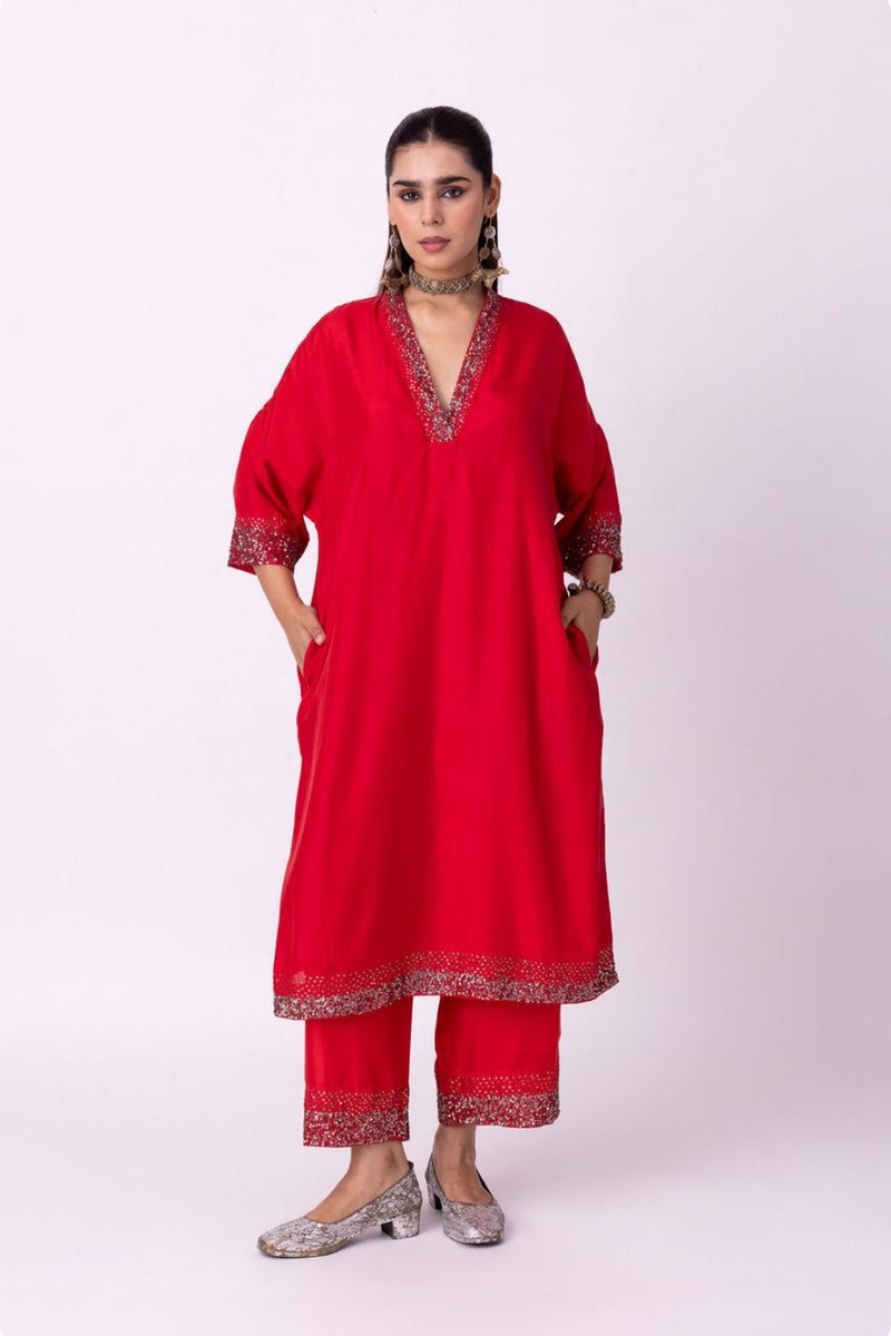 Aangan Kaftan silk indo-western by Shades of India in red for women in Singapore