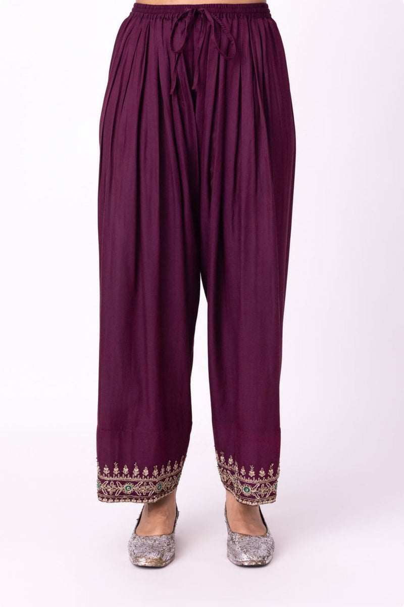 Chaila Salwar silk cotton satin pyjama/salwar by Shades of India in wine for women in Singapore