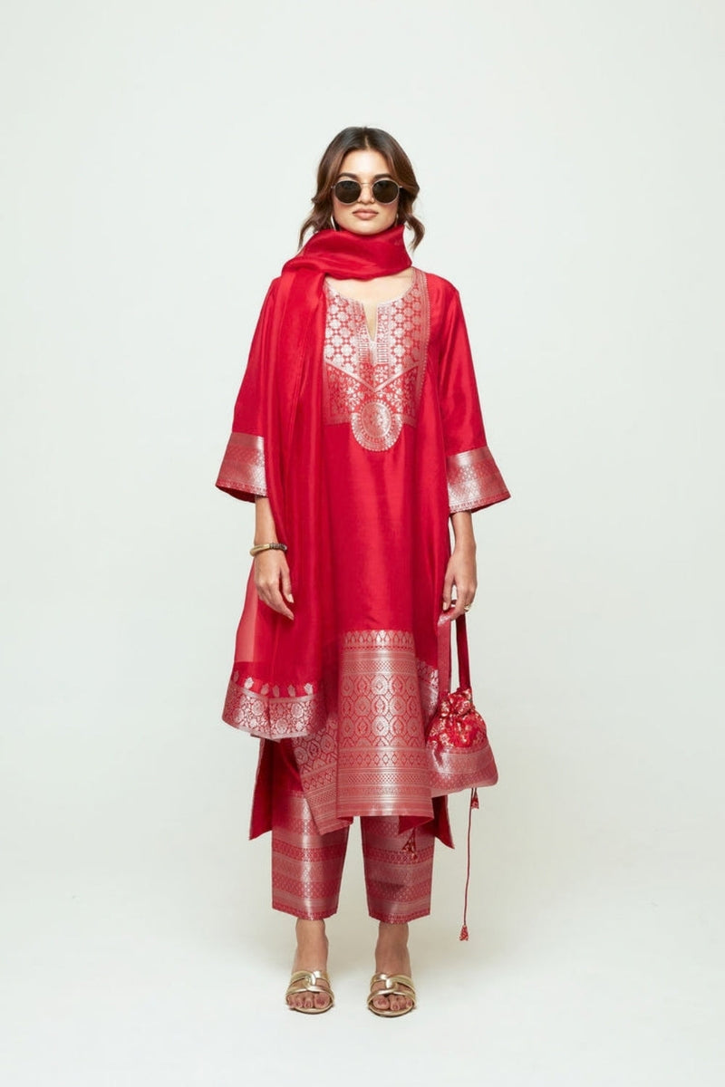 Meher Red Tunic Set silk ,organza kurta/kurta set by SOBARIKO in red for women in Singapore
