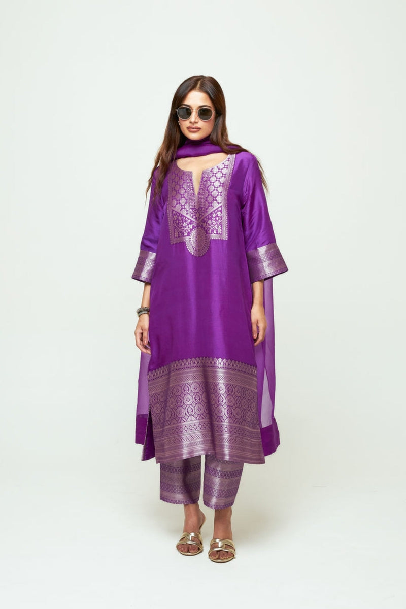Meher Purple Tunic Set silk ,organza kurta/kurta set by SOBARIKO in purple for women in Singapore