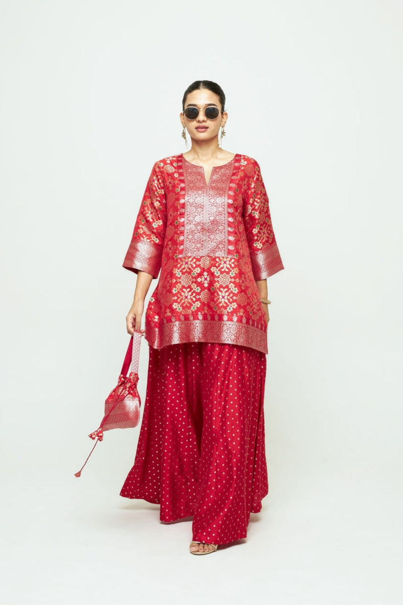 Meena Red Kurta Sharara Set silk kurta/kurta set by SOBARIKO in red for women in Singapore