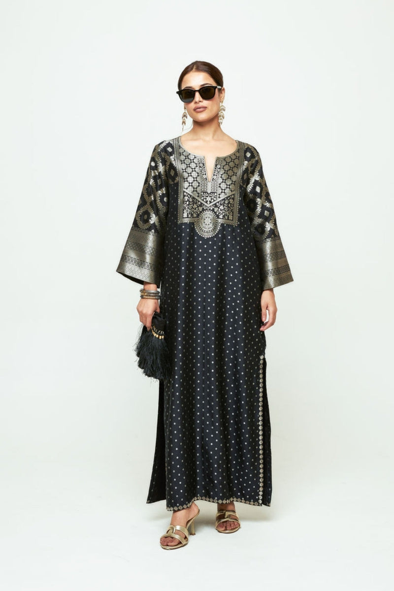 Neet-Statement Brocade Silk Kaftan silk indo-western by SOBARIKO in black for women in Singapore