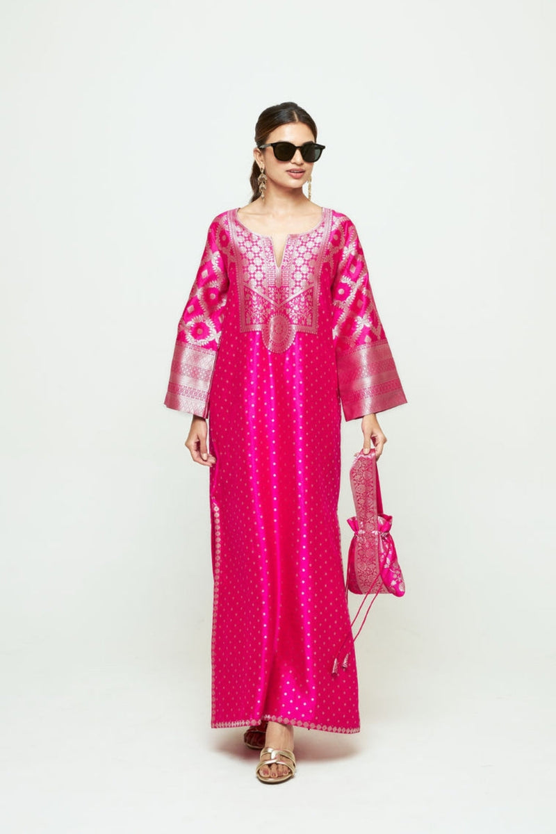 Neet-Statement Silk Kaftan With Brocade Detail silk indo-western by SOBARIKO in pink for women in Singapore