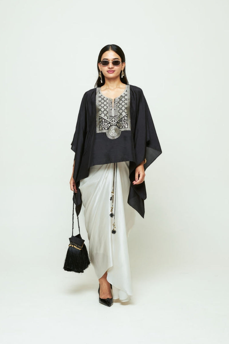 Ashi-Statement Kaftan With Skirt-Black silk, modal satin indo-western by SOBARIKO in black, ivory for women in Singapore