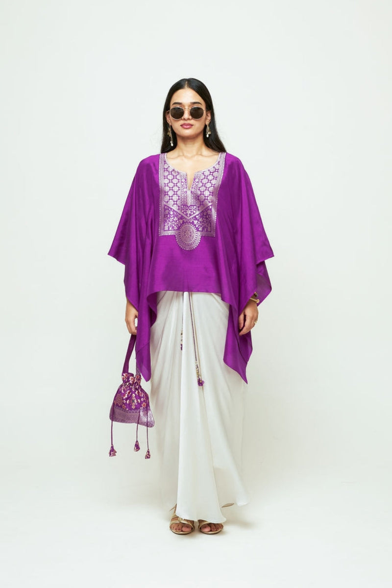 Ashi-Statement Kaftan With Skirt-Purple silk, modal satin indo-western by SOBARIKO in purple, ivory for women in Singapore