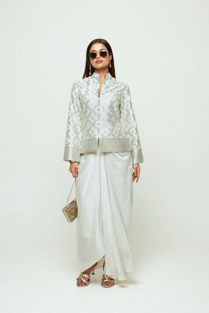 Suki-Geometric Brocade Jacket Set-Ivory silk, modal satin indo-western by SOBARIKO in ivory for women in Singapore