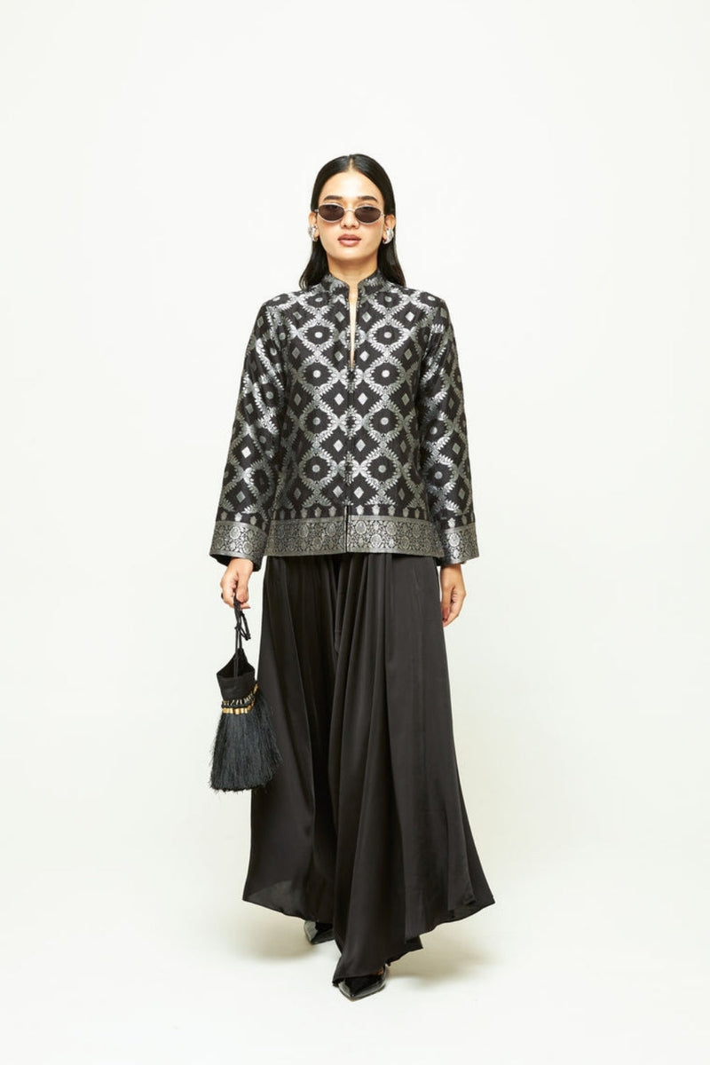 Suki-Geometric Brocade Jacket Set-Black silk, modal satin indo-western by SOBARIKO in black for women in Singapore