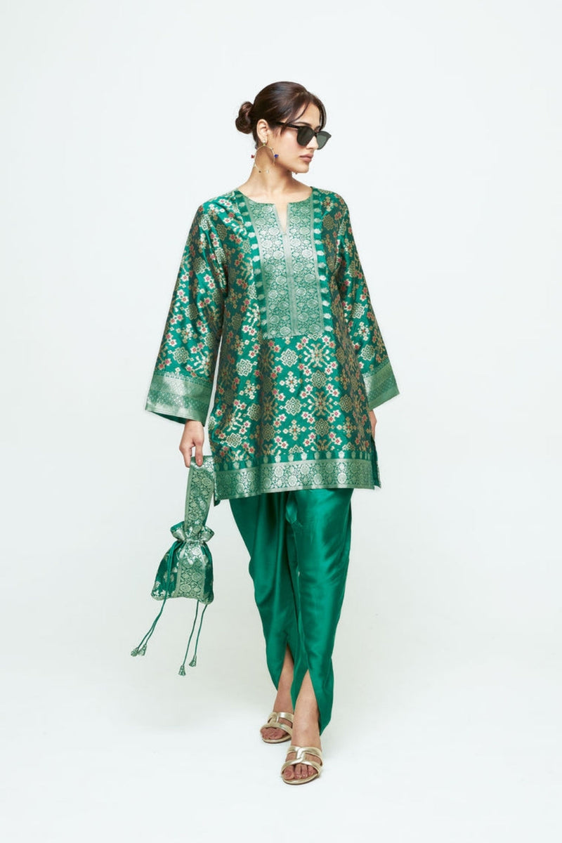 Meena-Brocade Short Kurta With Dhoti-Green silk and modal satin kurta/kurta set by SOBARIKO in green for women in Singapore