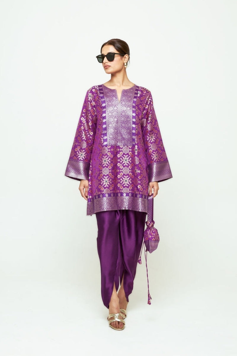 Meena-Brocade Short Kurta With Dhoti-Purple silk and modal satin kurta/kurta set by SOBARIKO in purple for women in Singapore