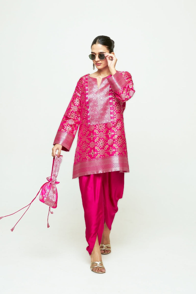 Meena-Brocade Short Kurta With Dhoti-Pink silk and modal satin kurta/kurta set by SOBARIKO in pink for women in Singapore
