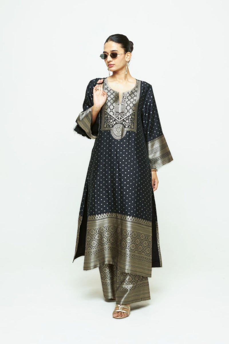 Noor-Contemporary Brocade Kurta With Pants-Black silk kurta/kurta set by SOBARIKO in black for women in Singapore