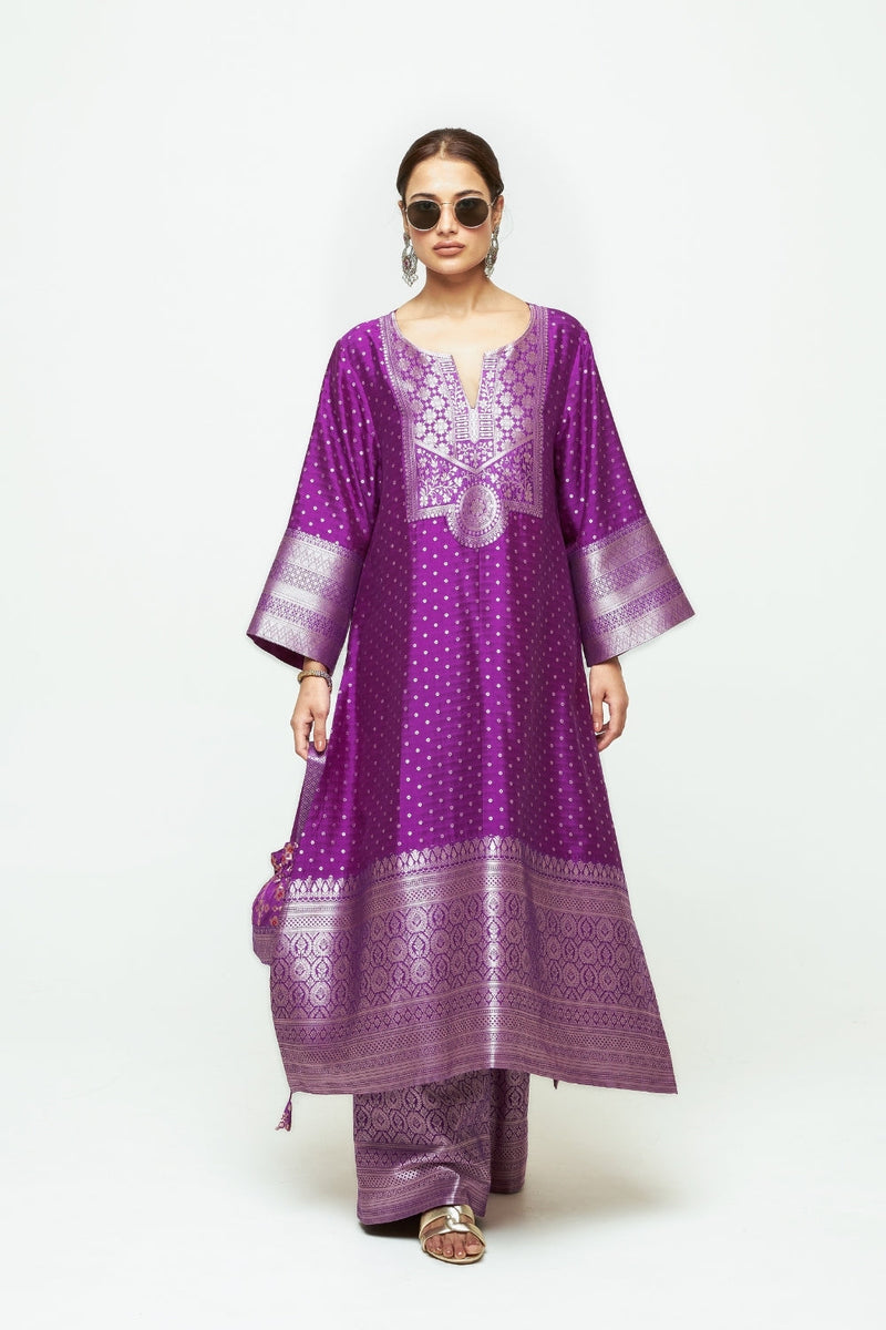 Noor-Contemporary Brocade Kurta With Pants-Purple silk kurta/kurta set by SOBARIKO in purple for women in Singapore