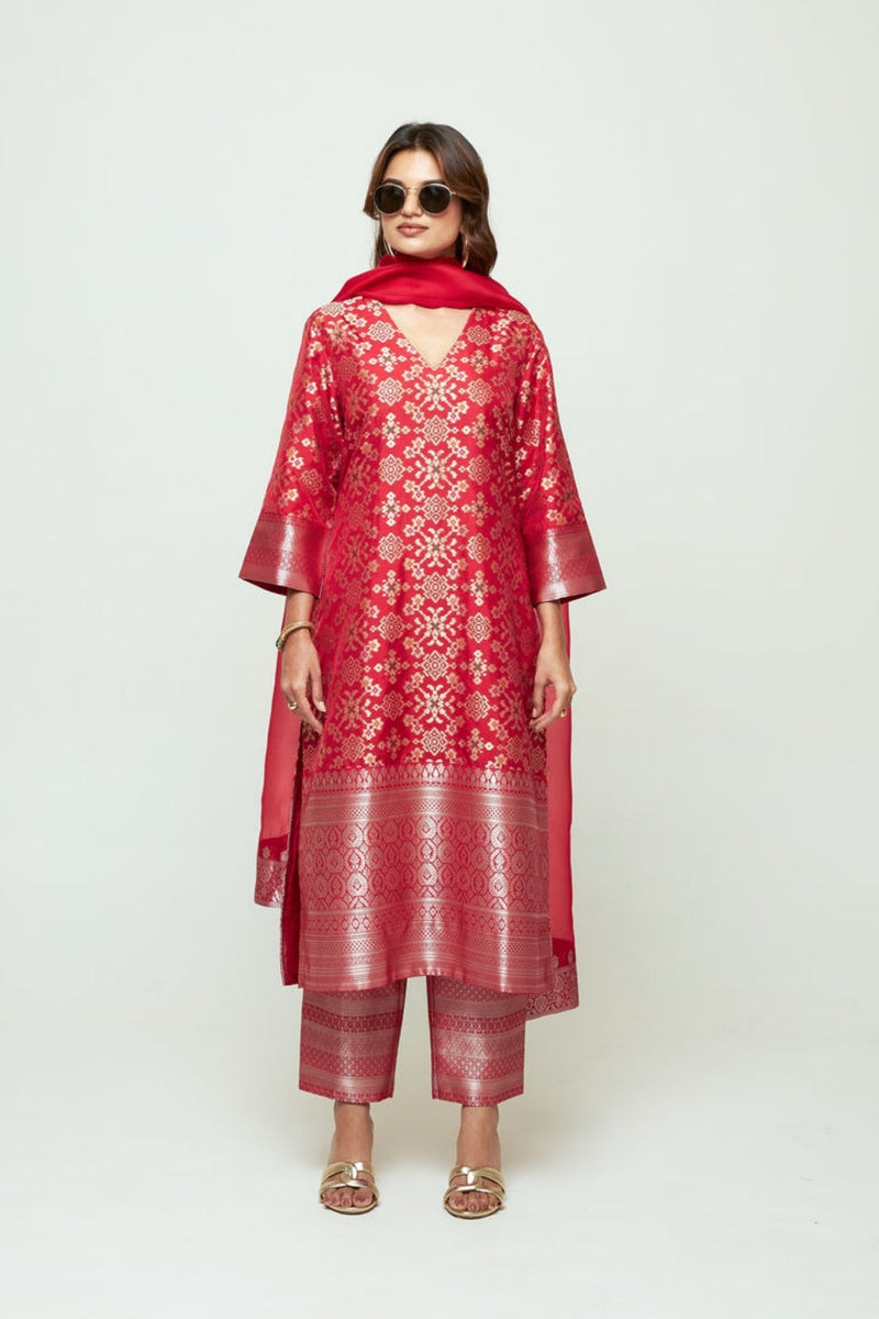 Meena-Red Brocade Long Kurta Set silk, organza kurta/kurta set by SOBARIKO in red for women in Singapore