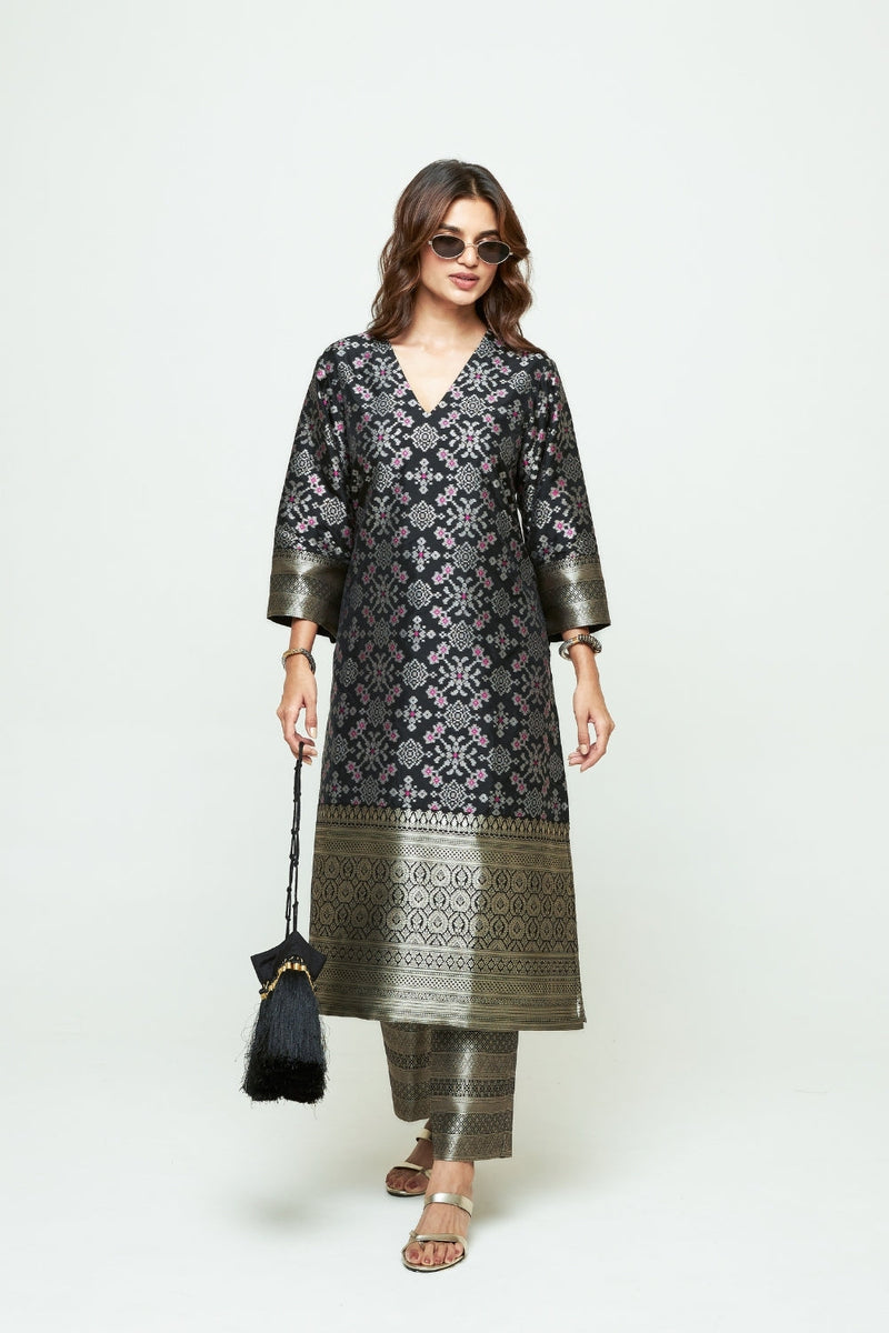 Meena-Black Brocade Long Kurta Set silk, organza kurta/kurta set by SOBARIKO in black for women in Singapore