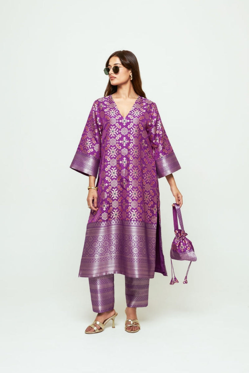 Meena-Purple Brocade Long Kurta Set silk, organza kurta/kurta set by SOBARIKO in purple for women in Singapore