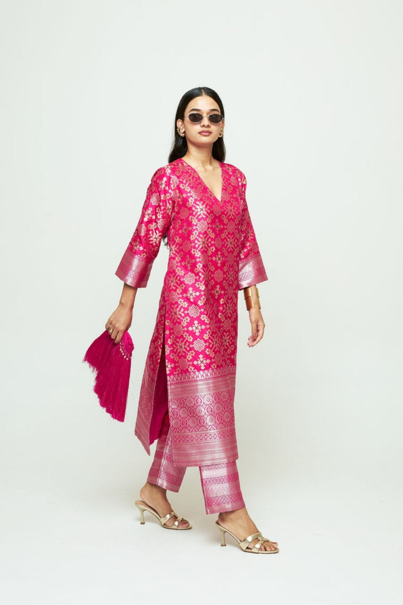 Meena-Pink Brocade Kurta Set silk, organza kurta/kurta set by SOBARIKO in pink for women in Singapore