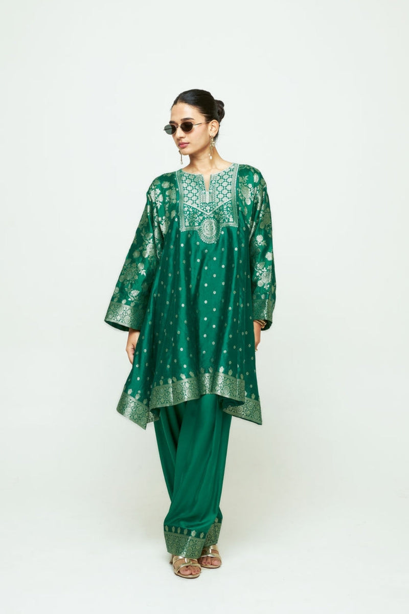 Gulnaz-Floral Brocade Choga Kurta With Farshi Salwar-Green silk, modal satin kurta/kurta set by SOBARIKO in green for women in Singapore