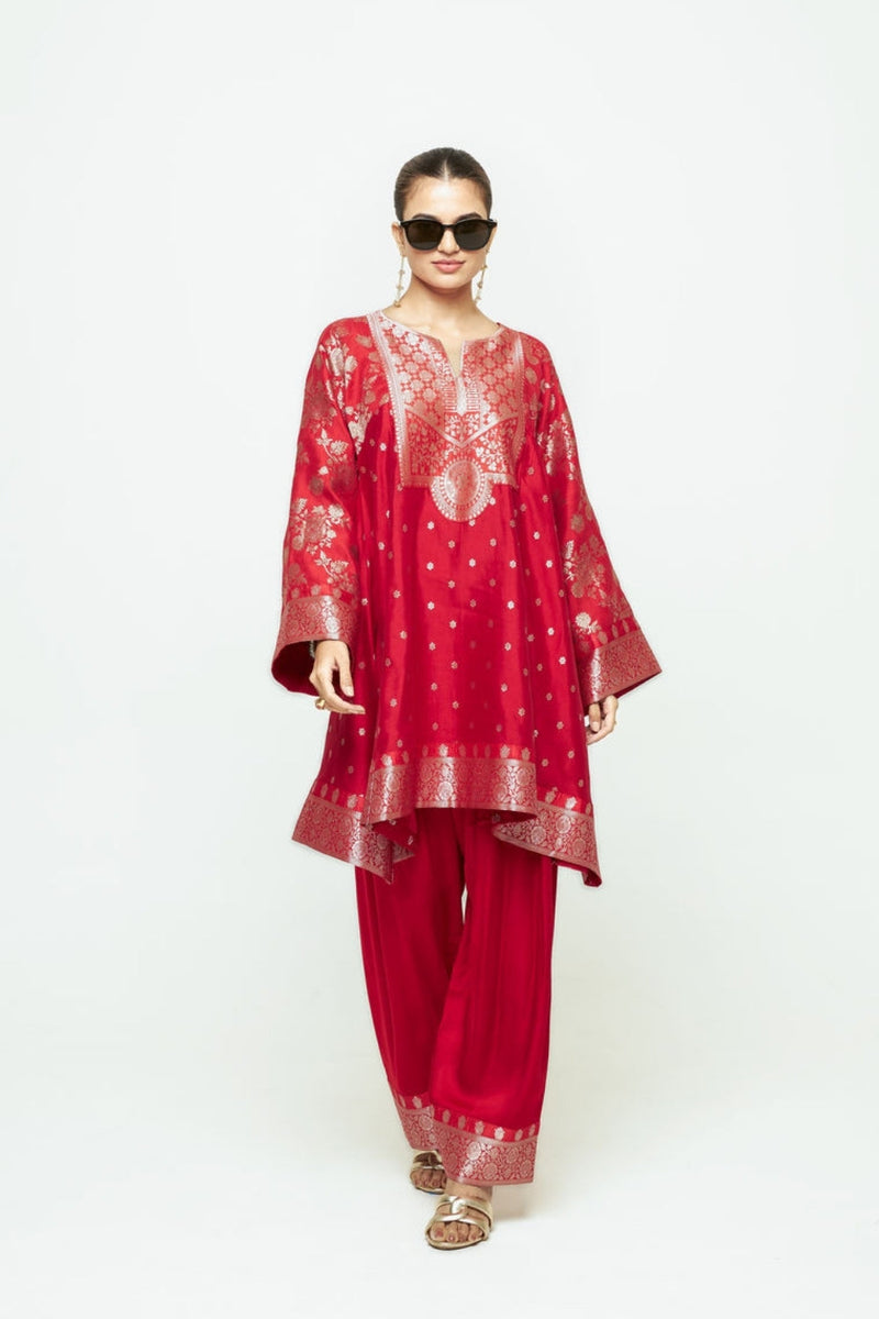 Gulnaz-Floral Brocade Choga Kurta With Farshi Salwar-Red silk, modal satin kurta/kurta set by SOBARIKO in red for women in Singapore