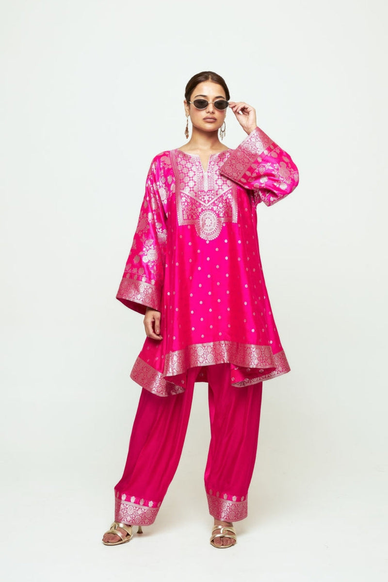 Gulnaz-Floral Brocade Choga Kurta With Farshi Salwar-Pink silk, modal satin kurta/kurta set by SOBARIKO in pink for women in Singapore