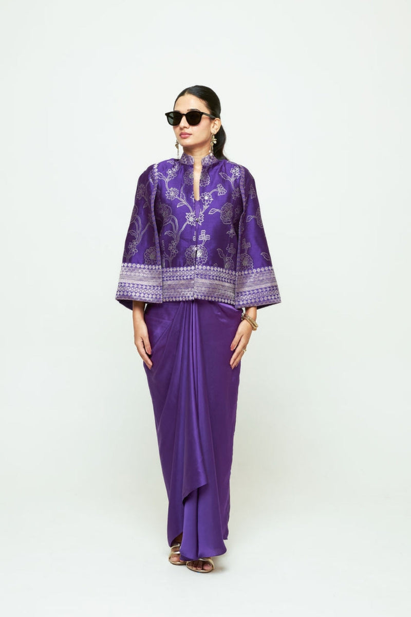 Rosa Statement Jacket Skirt Set-Purple silk, modal satin indo-western by SOBARIKO in purple for women in Singapore