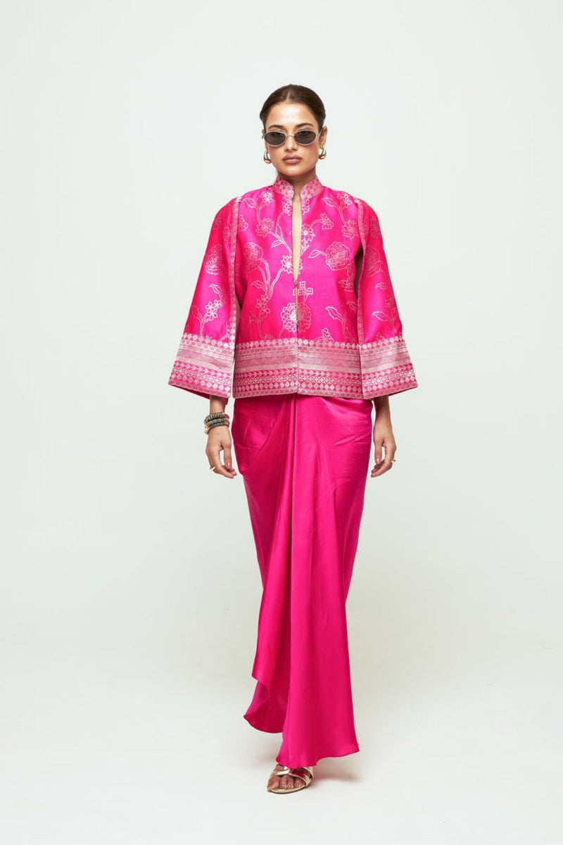 Rosa Statement Jacket Skirt Set-Pink silk, modal satin indo-western by SOBARIKO in purple for women in Singapore