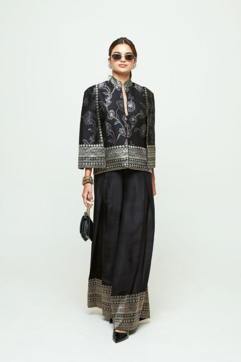 Rosa Statement Jacket Pant Set-Black silk, modal satin indo-western by SOBARIKO in purple for women in Singapore