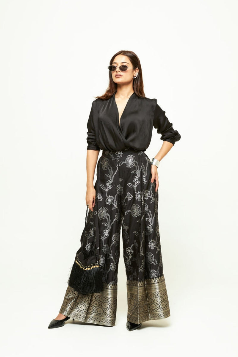 Rosa Brocade Pant Set-Black silk and modal satin indo-western by SOBARIKO in black for women in Singapore