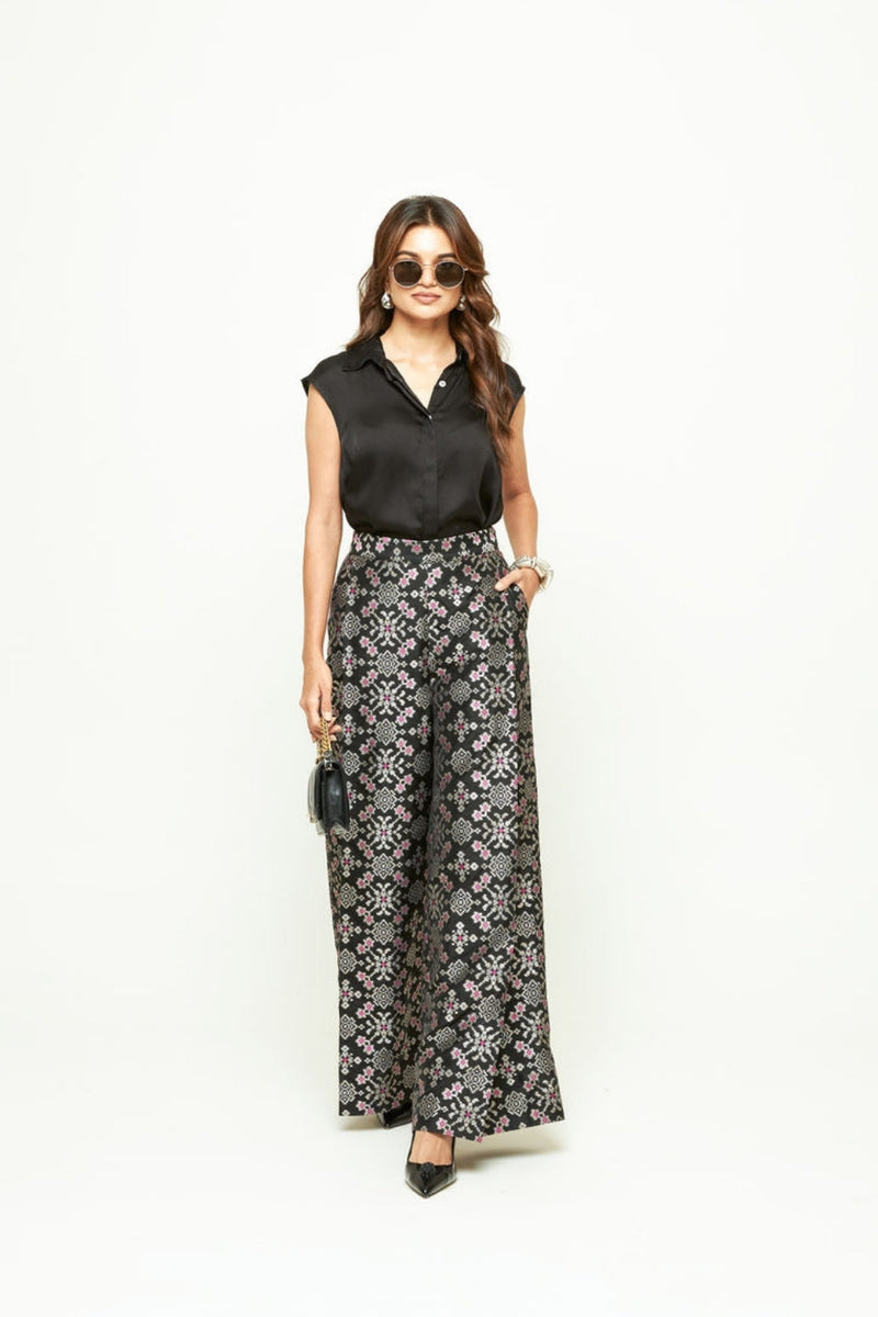 Meena Brocade Pant Set-Black silk and modal satin indo-western by SOBARIKO in black for women in Singapore