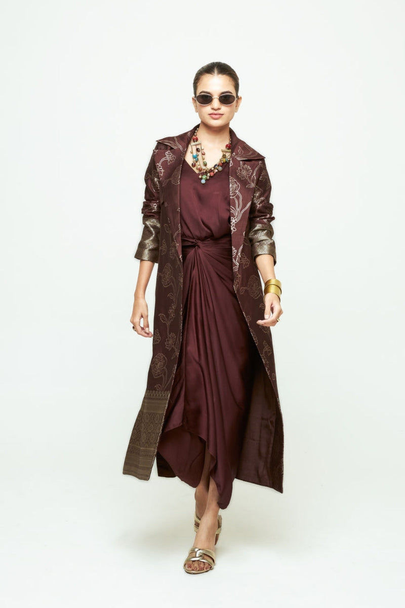 Rosa Statement Trench Set-Brown silk and modal satin indo-western by SOBARIKO in brown for women in Singapore