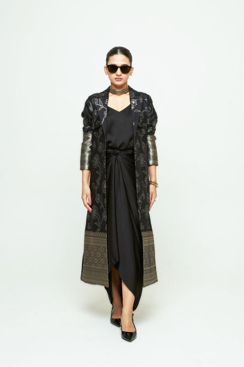 Rosa Statement Trench Set-Black silk and modal satin indo-western by SOBARIKO in black for women in Singapore