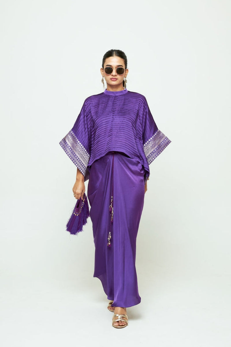 Prana-Pleated Top Set-Purple silk, modal satin indo-western by SOBARIKO in purple for women in Singapore