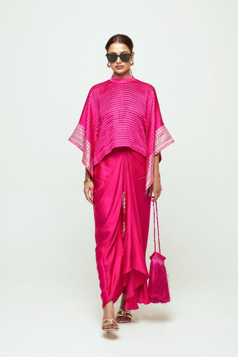 Prana-Pleated Top Set-Pink silk, modal satin indo-western by SOBARIKO in pink for women in Singapore