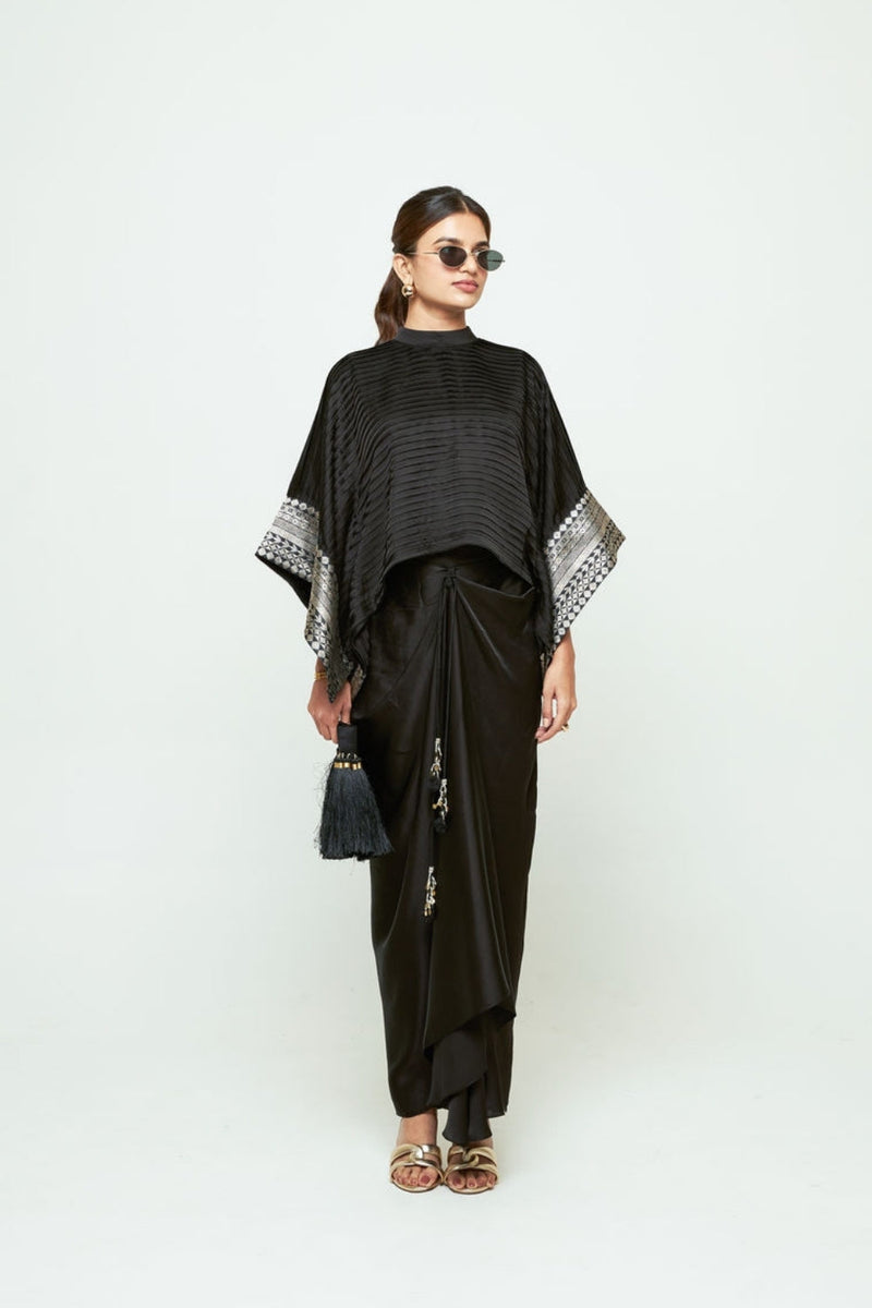 Prana-Pleated Top Set-Black silk, modal satin indo-western by SOBARIKO in black for women in Singapore
