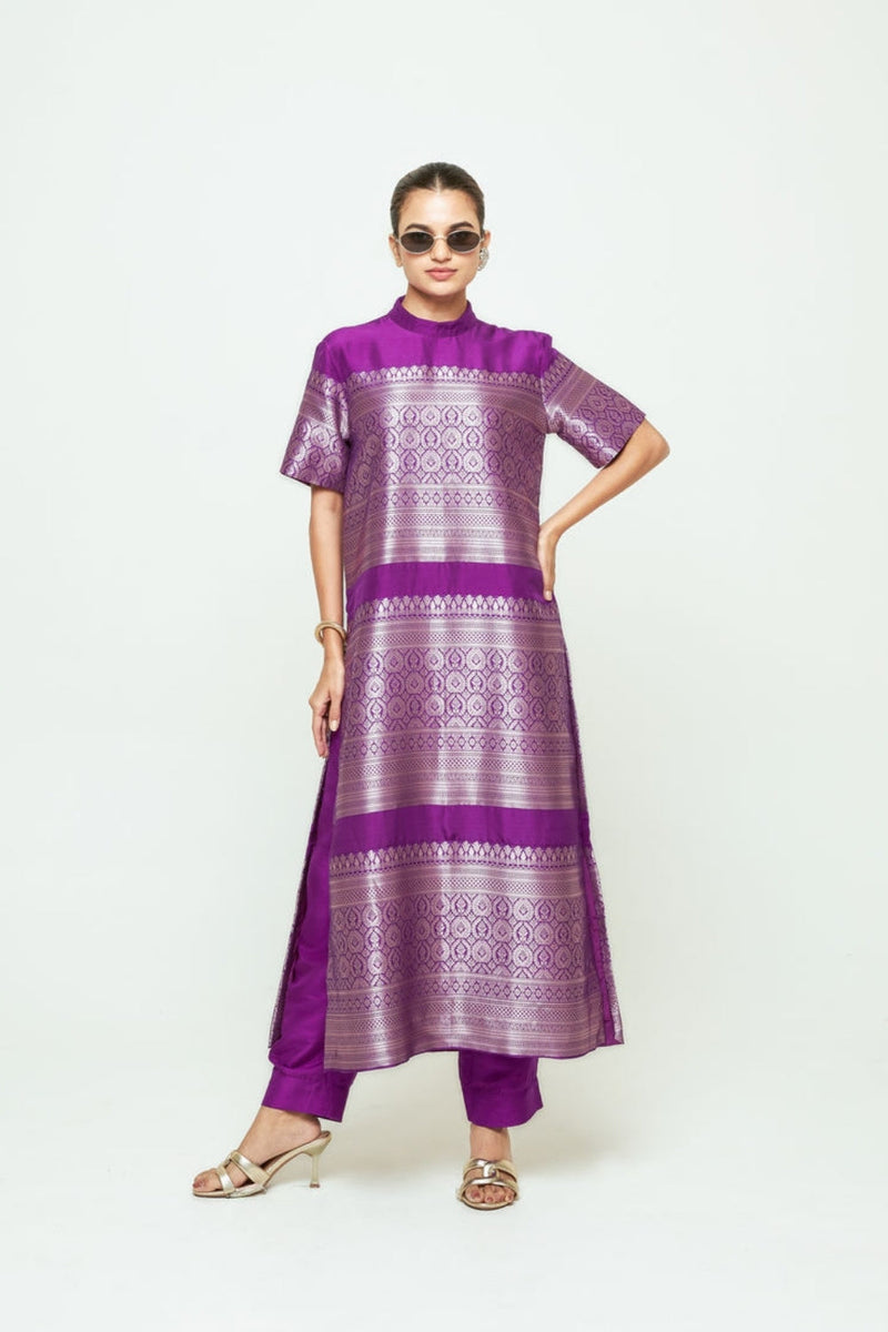 Raysa-Statement Brocade Kurta Set-Purple silk kurta/kurta set by SOBARIKO in purple for women in Singapore