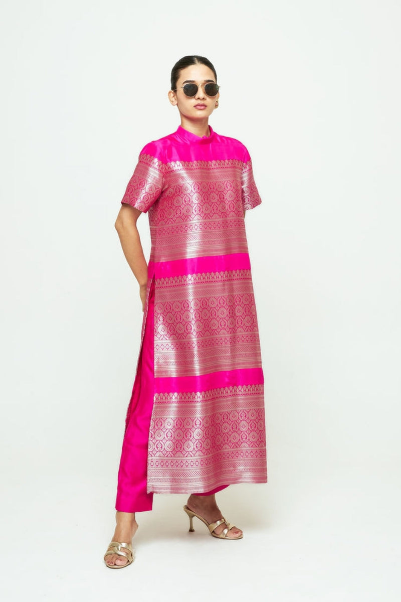 Raysa-Statement Brocade Kurta Set-Pink silk kurta/kurta set by SOBARIKO in pink for women in Singapore