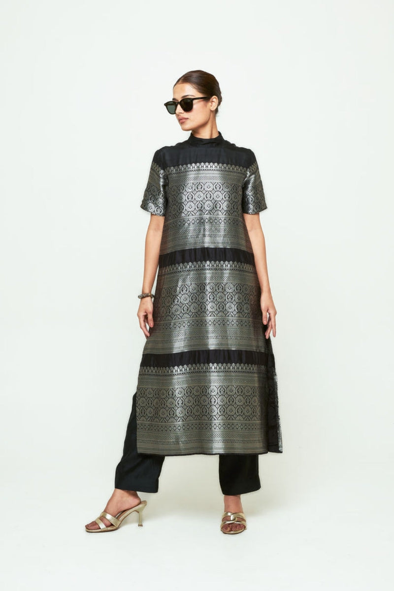 Raysa-Statement Brocade Kurta Set-Black silk kurta/kurta set by SOBARIKO in black for women in Singapore